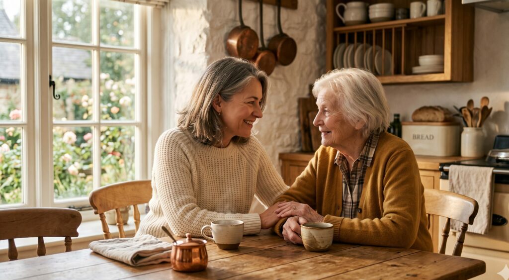 Une femme et son parent âgé se tenant la main et discutant à la table d'une cuisine