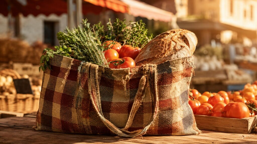 Cabas à carreaux rempli de tomates et de pain sur un marché