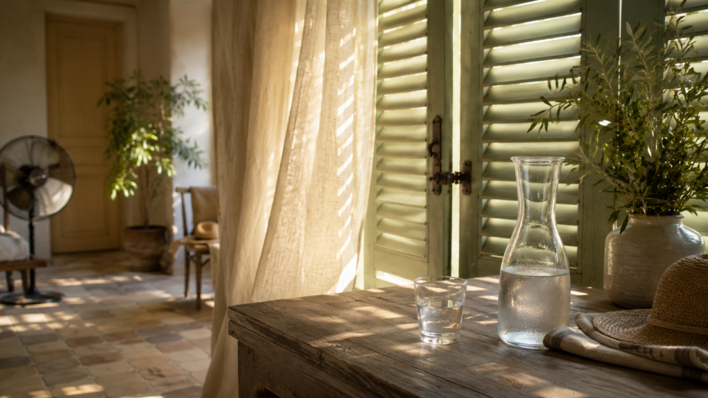 Salon d'une maison de campagne aux volets entrouverts filtrant la lumière de l'été, avec une carafe d'eau fraîche et un ventilateur, pièce gardée au frais.