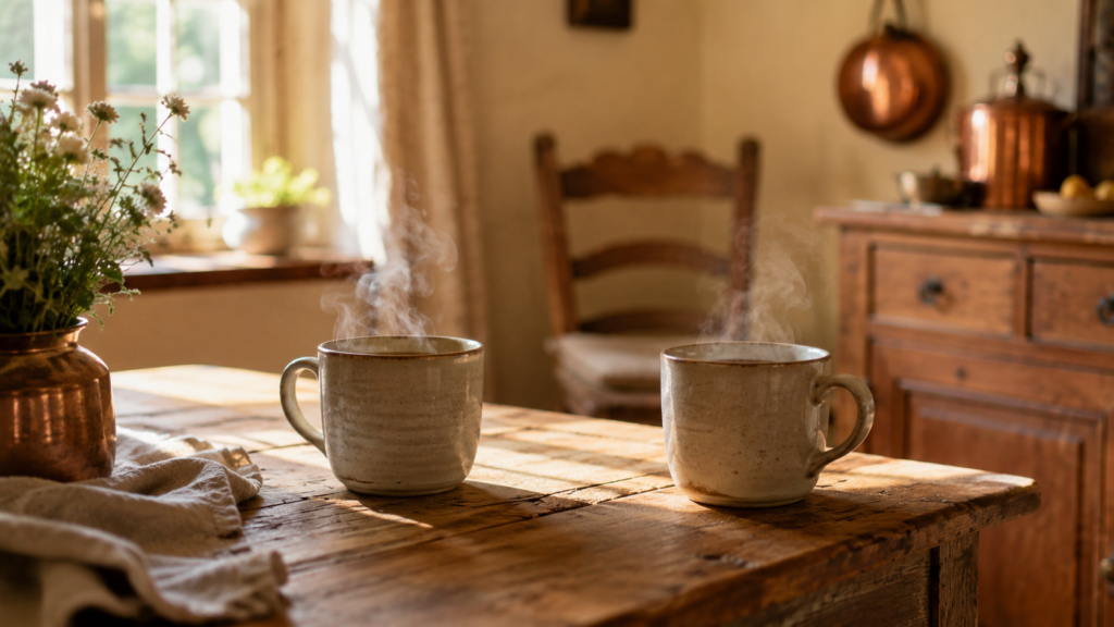 Deux tasses de café fumantes posées face à face sur une table en bois, dans la lumière douce du matin d'une cuisine de campagne.