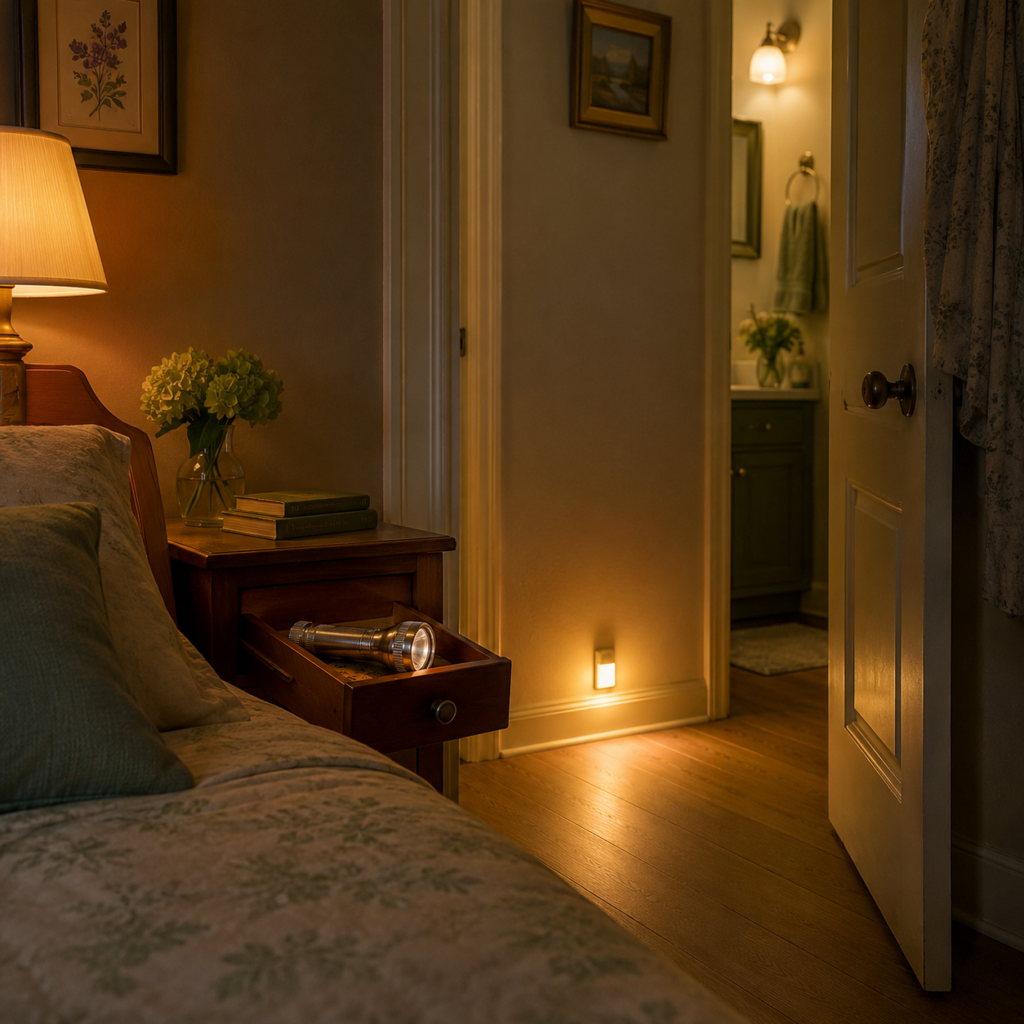 Table de nuit avec lampe de poche dans le tiroir, veilleuse ambrée éclairant un couloir la nuit