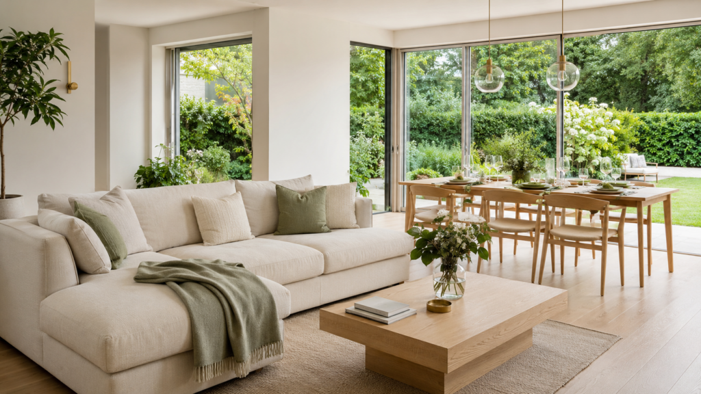 Salon contemporain et lumineux ouvert sur un jardin, avec une table dressée près de la baie vitrée, évoquant des retrouvailles familiales en été.