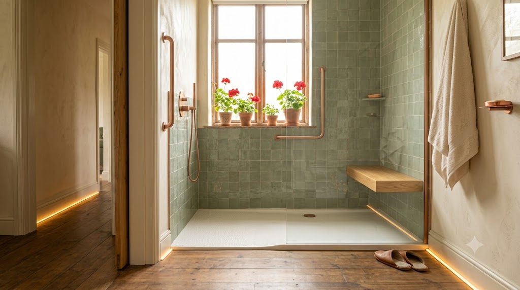 Salle de bain senior avec douche de plain-pied, carrelage vert sauge, barre d'appui cuivrée et siège escamotable