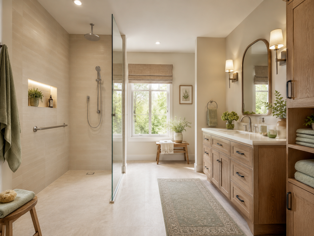 Salle de bain chaleureuse adaptée aux seniors avec douche de plain-pied, barre d’appui discrète et ambiance familiale.