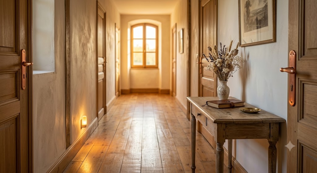 Couloir chaleureux d'une maison avec une veilleuse automatique au sol, éclairage doux pour sécuriser les déplacements nocturnes d'un parent âgé.