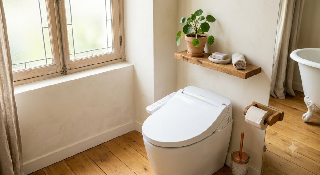 Toilettes japonaises avec abattant lavant dans une salle de bain lumineuse et chaleureuse, solution de confort pour le maintien à domicile