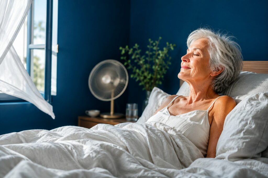 Femme âgée dormant paisiblement dans une chambre fraîche, bien dormir pendant la canicule